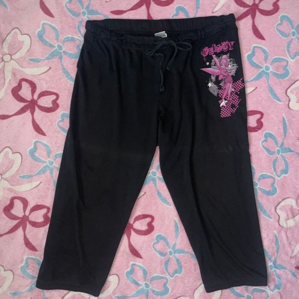 Vintage Y2K Disney Tinkerbell Feisty Black Capri Pants Juniors XL Lounge Cropped